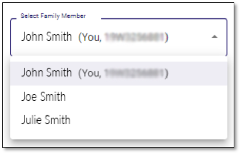 screenshot highlighting the family member drop down menu